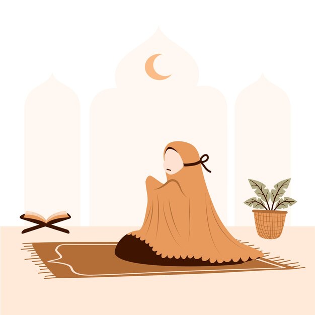 Vettore muslimah che prega nell'illustrazione del ramadan