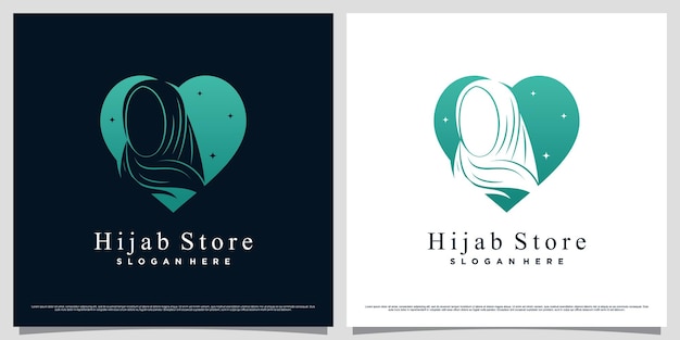 Muslimah vrouwen logo-ontwerp met hijab met liefdespictogram en creatief elementconcept