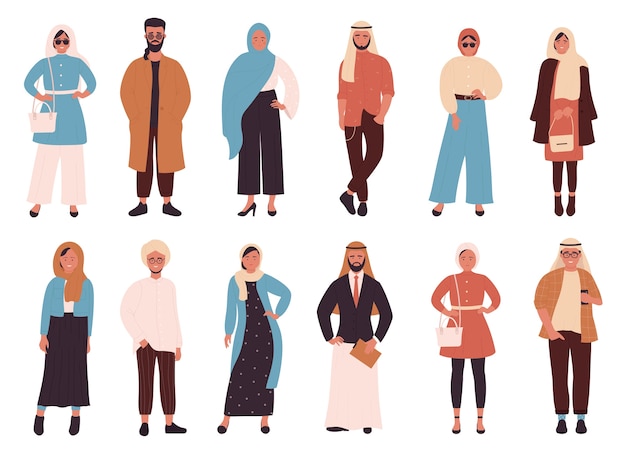 Мусульмане, арабский модный современный стиль одежды мужчина и женщина люди