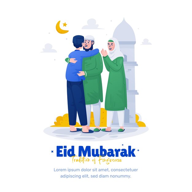 Vettore i musulmani che abbracciano la tradizione del perdono celebrano l'illustrazione dell'eid