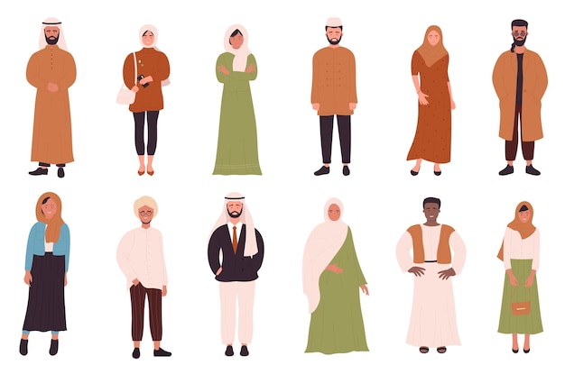 Muslims people set with cartoon flat happy young Muslim man woman characters in different clothes