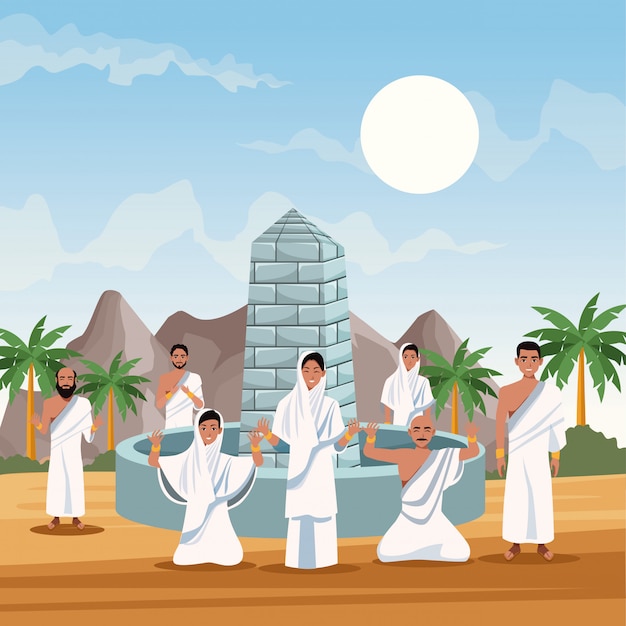 muslims persons in hajj mabrur travel celebration vector illustration design