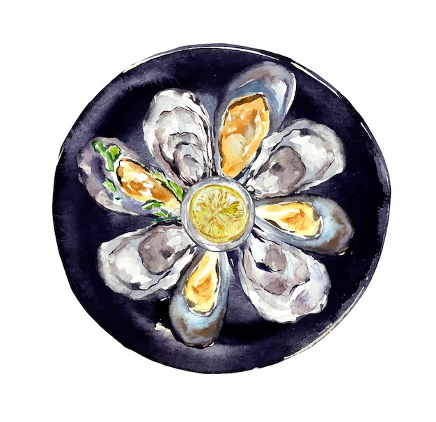 Vettore cozze ostriche piatto di frutti di mare asianfood illustrazione dell'acquerello menu del ristorante