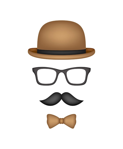 Vector mustache bow tie hat and glasses isolated on white background