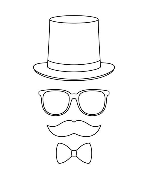Усы, галстук-бабочка, шляпа и очки, рабочий лист для детей