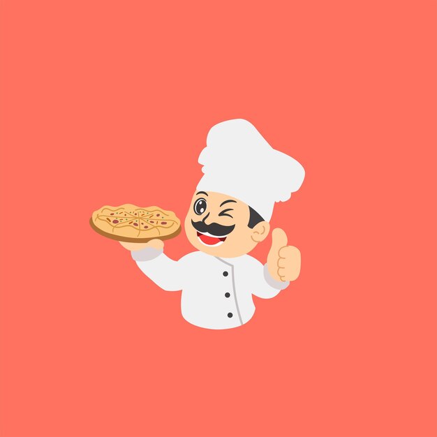 Vector mustache chef holding pizza cartoon