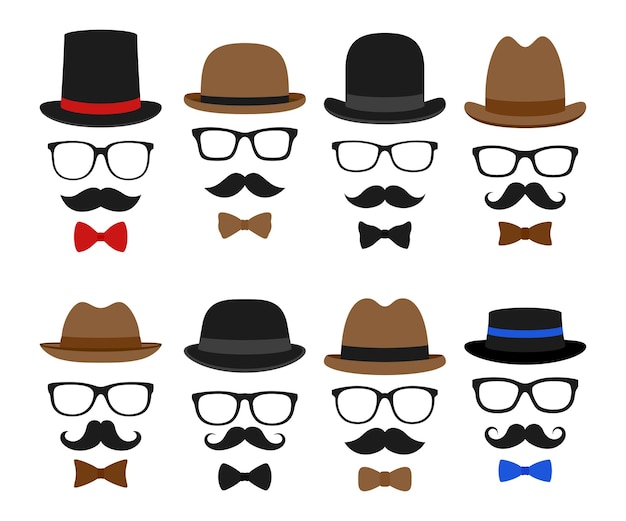 Vector mustache hat and glasses isolated on white background