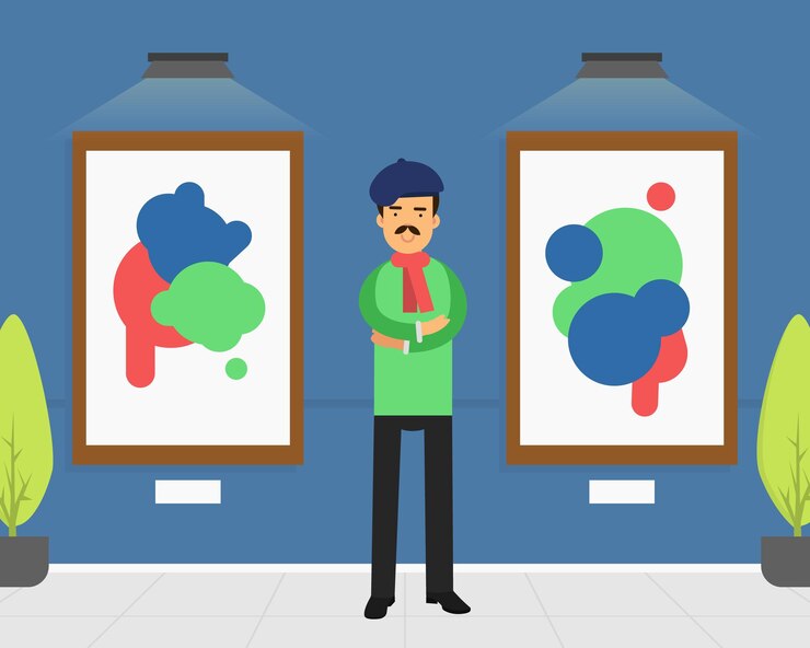 Vector mustached man artist in beret standing at art gallery with picture hanging on wall vector illustration