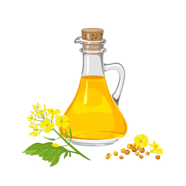 Mustard oil in glass bottle plant and seeds