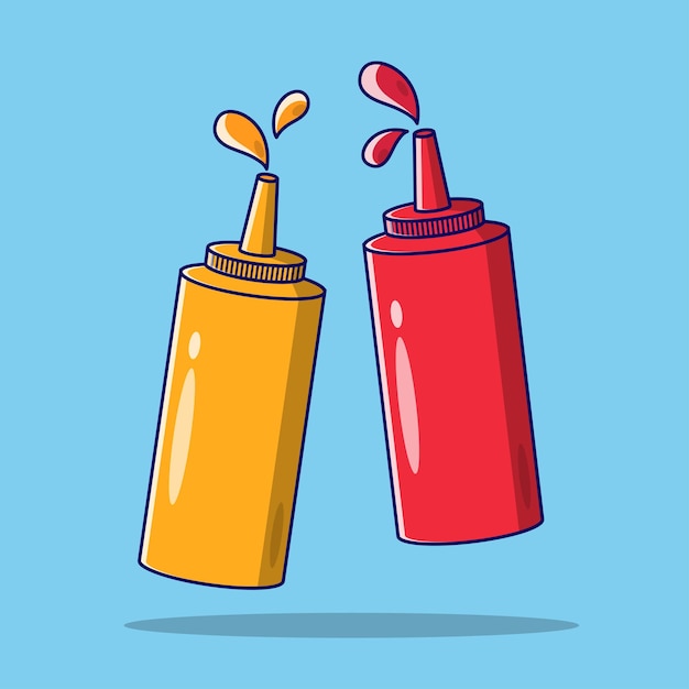 Mustard and sauce bottle cartoon flat vector icon illustration