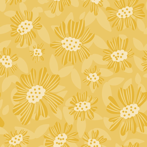 Mustard yellow floral seamless pattern in hand drawn naive style background with flowers and leaves