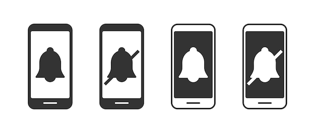 Mute sign Silent mode or vibrate mode Notification bell ring icon Smartphone volume on and off icon Vector illustration