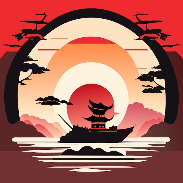 Приглушенная китайская живопись тушью приглушенные цвета дом река рисованной стиль иллюстрации
