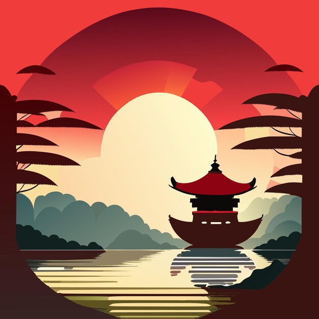 Vettore illustrazione di stile disegnato a mano del fiume della casa di colori tenui della pittura a inchiostro cinese smorzata
