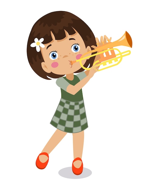 Mutlu cocuk trompet caliyor muziek
