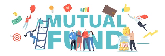 Mutual Fund Concept. Office Colleagues Male Female Characters Join Hands, Tiny Businessman Put Gold Coin into Huge Glass Jar, Finance Help.Poster, Banner or Flyer. Cartoon People Vector Illustration