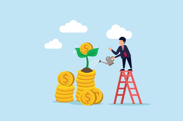 Vector mutual fund or growing investment wealth profit growth or earning increase savings or wealth management pension fund concept businessman investor watering stack dollar coin to grow money small plant