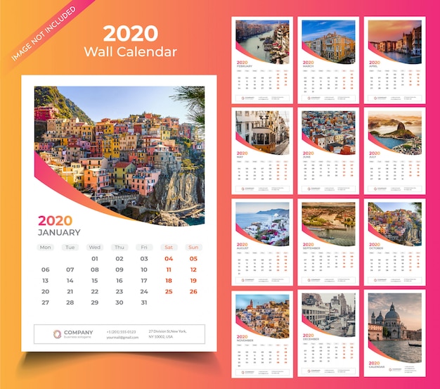 Muurkalender voor 2020-sjabloon