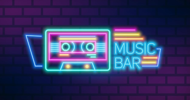 Vector muziek bar neon teken op bakstenen muur achtergrond platte vectorillustratie. retro cassette en inscriptie gloeiend kleurrijk licht. uithangbord van café, restaurant of nachtclub geïsoleerd.