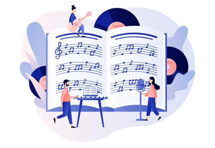 Vector muziek- en zanglessen kleine muzikanten met groot muzieknotitieboekje microfoon gitaartoetsenbord