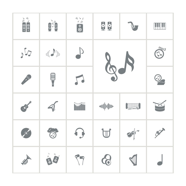 Vector muziek geluid icon set met equalizer instrumenten koptelefoon muzikale noten