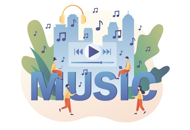 Muziek grote tekst mediaspeler-app kleine mensen luisteren naar muziek, geluid, audio of radio online