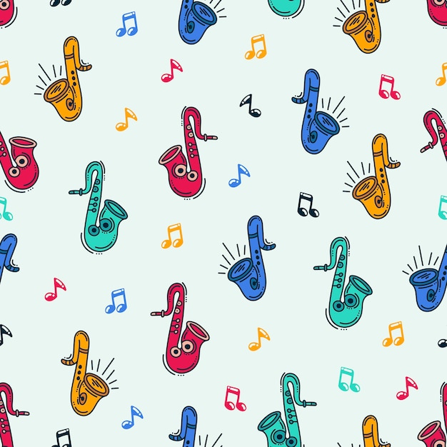 Muziek met achtergrondthema. Doodle Saxofon-patroonontwerp