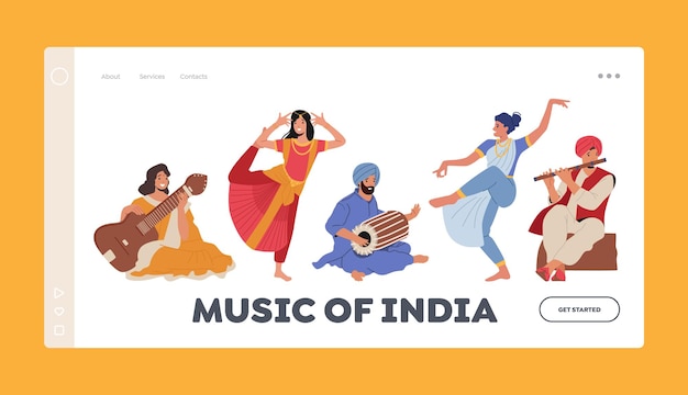 Muziek van india landingspaginasjabloon indiase artiesten muzikanten en dansers in kleurrijke jurken spelen op instrumenten