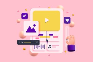 Muziek video bewerkingen bezuinigingen beeldmateriaal en marketing op computer monitor motion vlog film cartoon minimalistische stijl op roze achtergrond 3d vectorillustratie