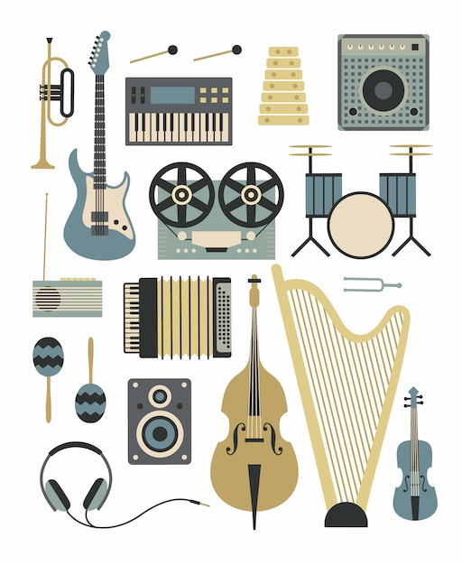Muziek, vlakke afbeelding, icon set muziekinstrumenten
