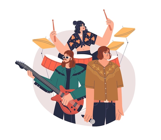 Vector muziekband met muzikanten die instrumenten bespelen, zanger. poprocktriogroep. vrouw drummer die op drums optreedt, man gitarist met gitaar. platte vectorillustratie geïsoleerd op een witte achtergrond