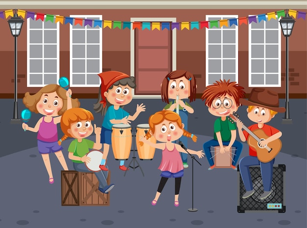 Muziekband voor kinderen die muziekinstrument speelt