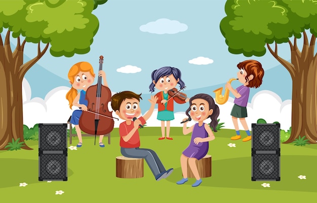 Muziekband voor kinderen speelt in het park