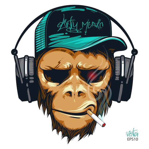 Vector muziekfan hipster aap in koptelefoon dj chimpansee