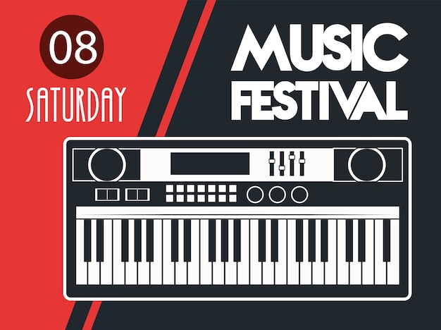 Vector muziekfestival poster met piano op rode achtergrond.