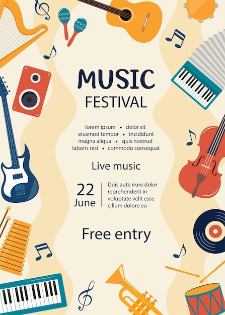 Muziekfestival uitnodiging muzikale flyer poster sjabloon muziekinstrumenten en vinylplaat