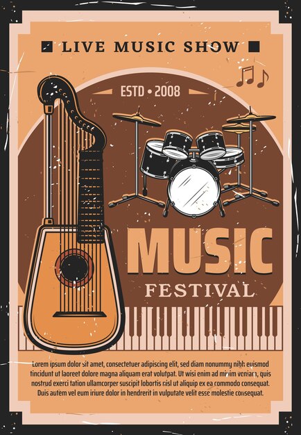 Muziekfestivalaffiche met muziekinstrumenten