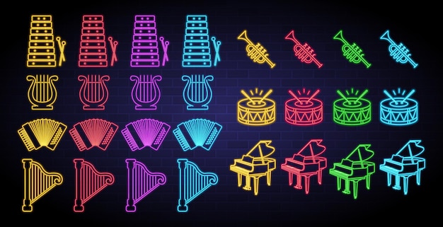 Muziekinstrument icon set met neon licht gloeiend