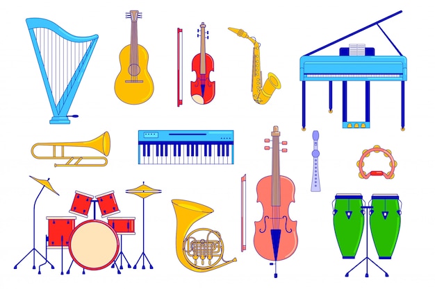 Vector muziekinstrument ingesteld op wit, gitaar, piano en drums in, illustratie