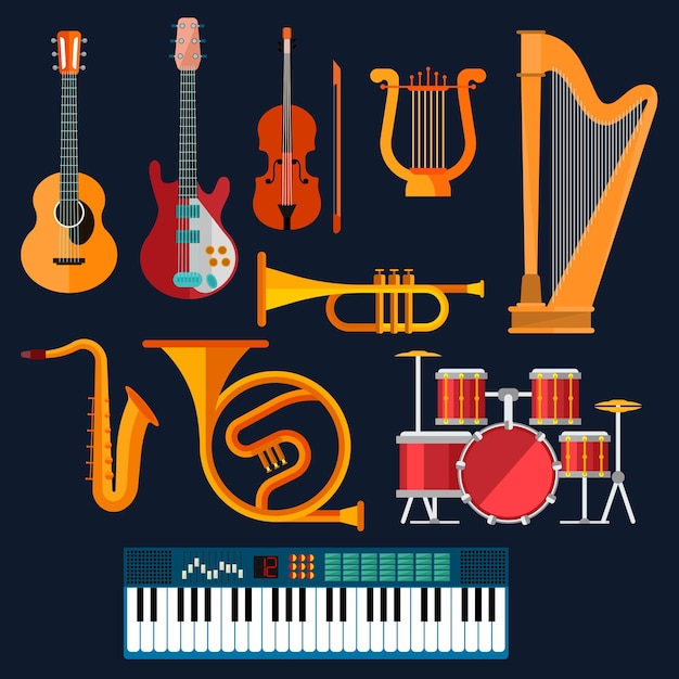 Muziekinstrumenten clipart met drumstel, akoestische en elektrische gitaren, viool, synthesizer, saxofoon, trompet, harp, oude lier en hoorn. Kunst, cultuur, muzikaal entertainmentconcept