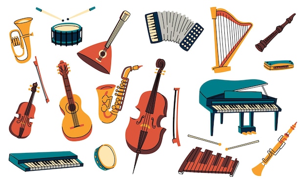 Muziekinstrumenten een set van gekleurde platte illustraties Gitaar synthesizer viool cello drum cymbals saxofoon accordeon piano harp harmonica balalaika cello pijp xylofoon vector