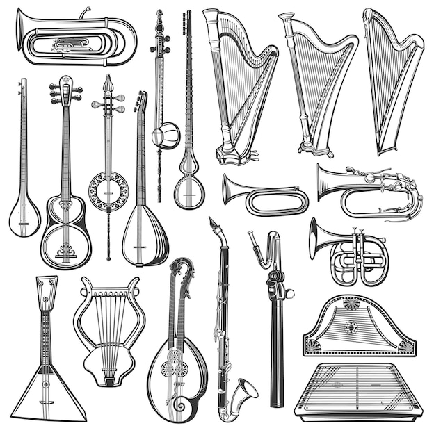 Muziekinstrumenten geïsoleerde schets Muziekobjecten