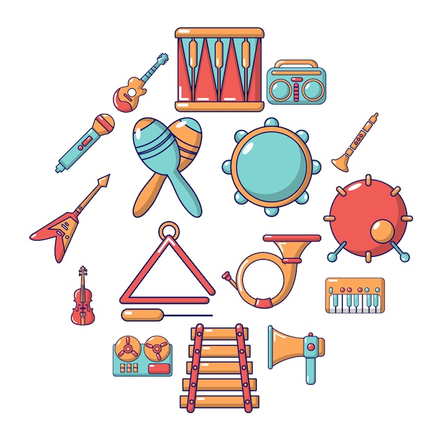 Muziekinstrumenten icon set, cartoon stijl