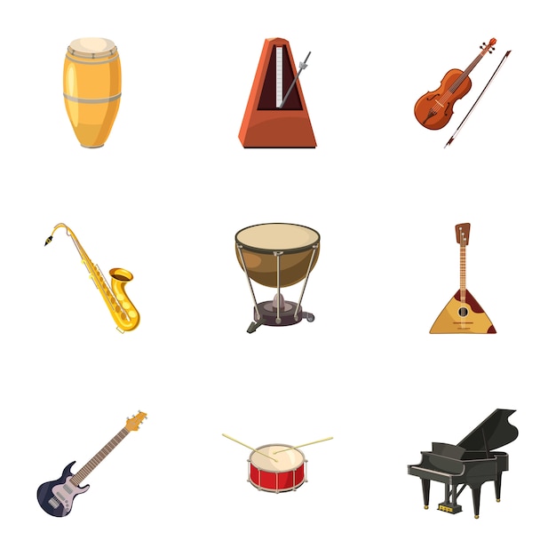 Muziekinstrumenten iconen set, cartoon stijl