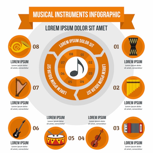 Muziekinstrumenten infographic sjabloon, vlakke stijl