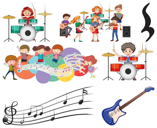 Vector muziekinstrumenten voor kinderen en muzieksymbolen ingesteld