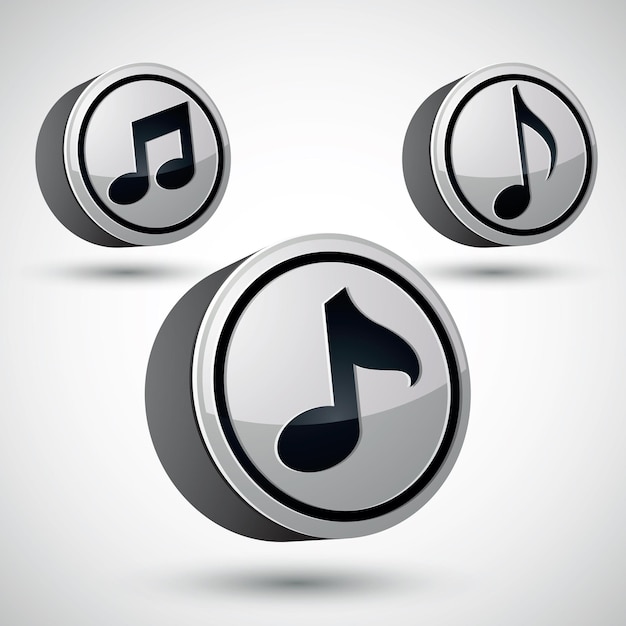 Vector muzieknoot icoon geïsoleerd, 3d vector muziek thema ontwerp element, 3 versies.