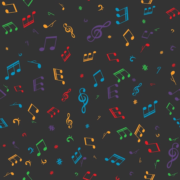 Muzieknoten kleurrijke naadloze patroon op zwarte achtergrond vector illustratie eps 10