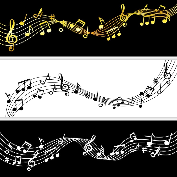 Vector muzieknoten stromen. doodle muziek opmerking tekening bladpatronen, muzikale symbolen silhouetten modern