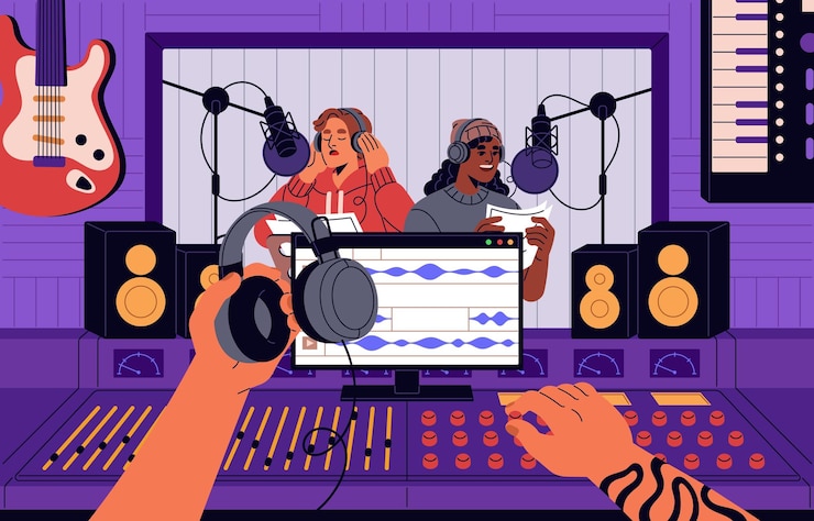 Vector muziekopnamestudio geluidsingenieur bij mixer console opnames lied stem in controlekamer met apparatuur zanger met microfoon achter glas professionele audio productie platte vector illustratie